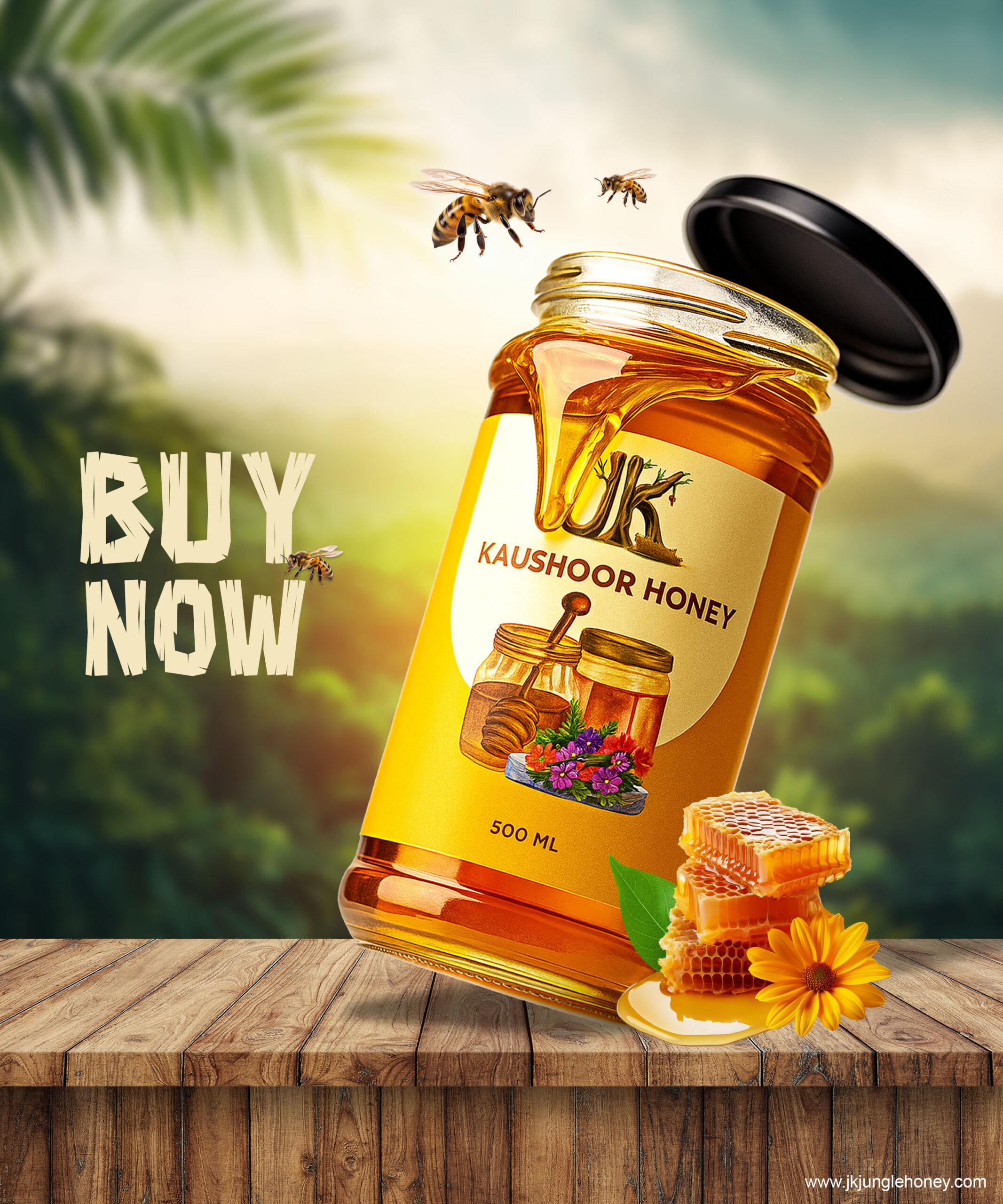 wild forest honey in glass jar with natural golden texture