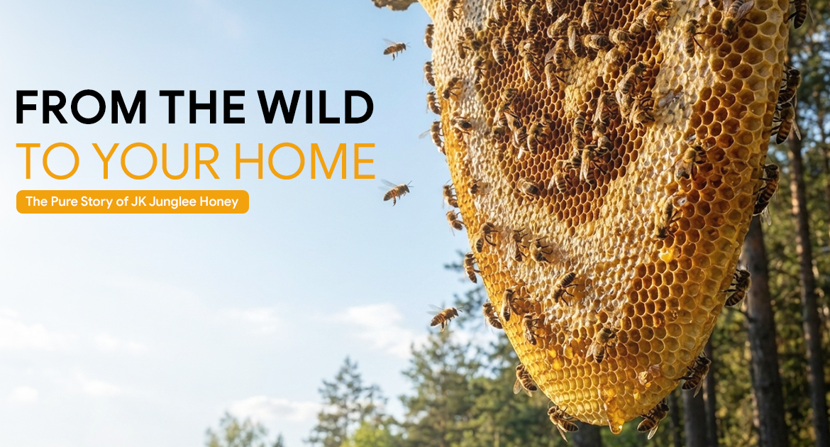 Natural wild honeycomb covered with bees, symbolizing ethically harvested forest honey by JK Junglee Honey.
