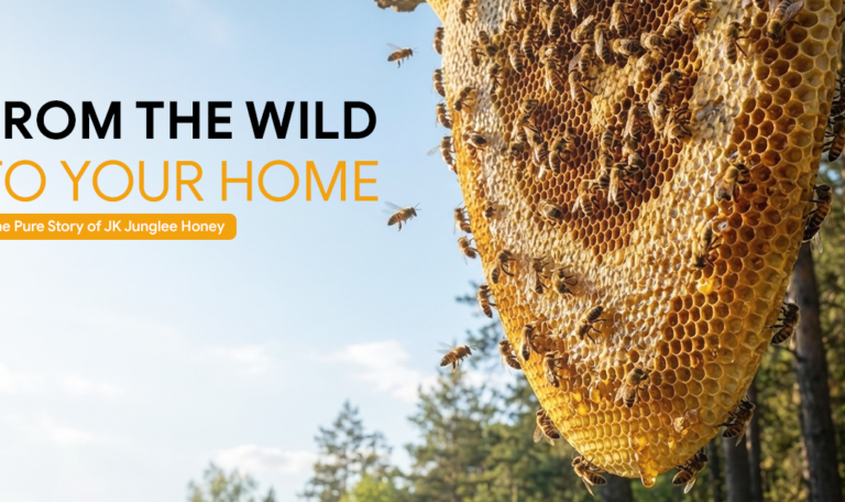 Natural wild honeycomb covered with bees, symbolizing ethically harvested forest honey by JK Junglee Honey.