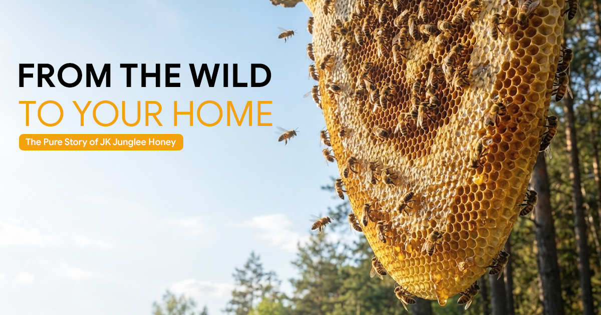 Natural wild honeycomb covered with bees, symbolizing ethically harvested forest honey by JK Junglee Honey.