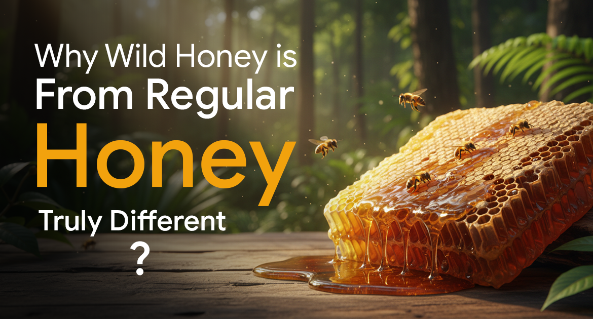 Wild honeycomb with bees and raw honey in a forest environment