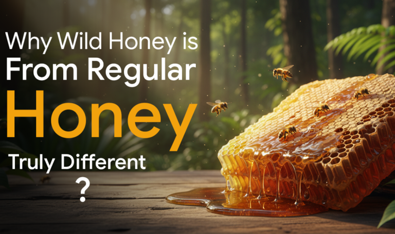 Wild honeycomb with bees and raw honey in a forest environment