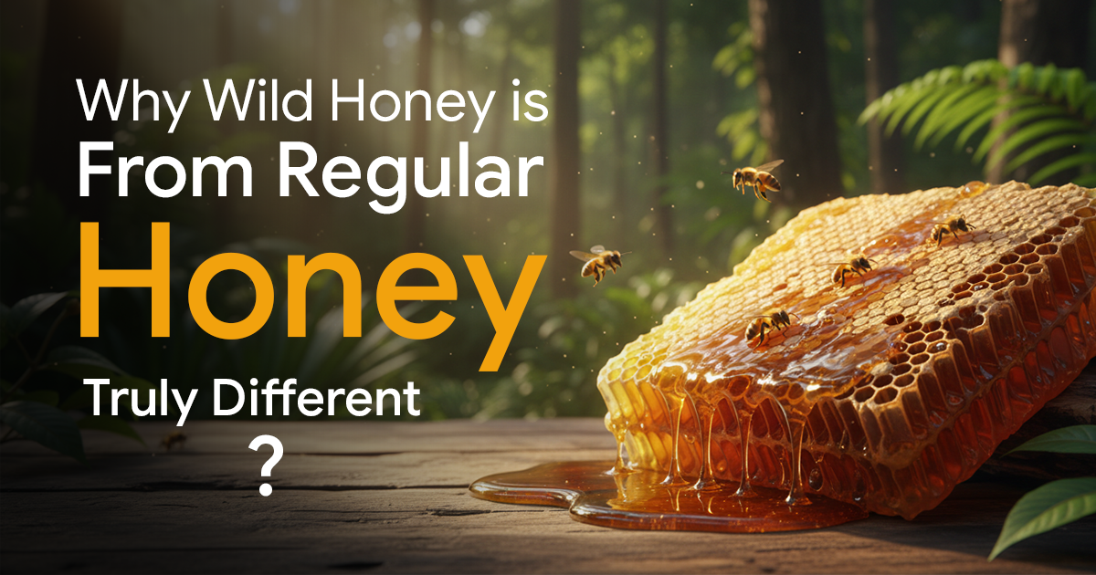 Wild honeycomb with bees and raw honey in a forest environment