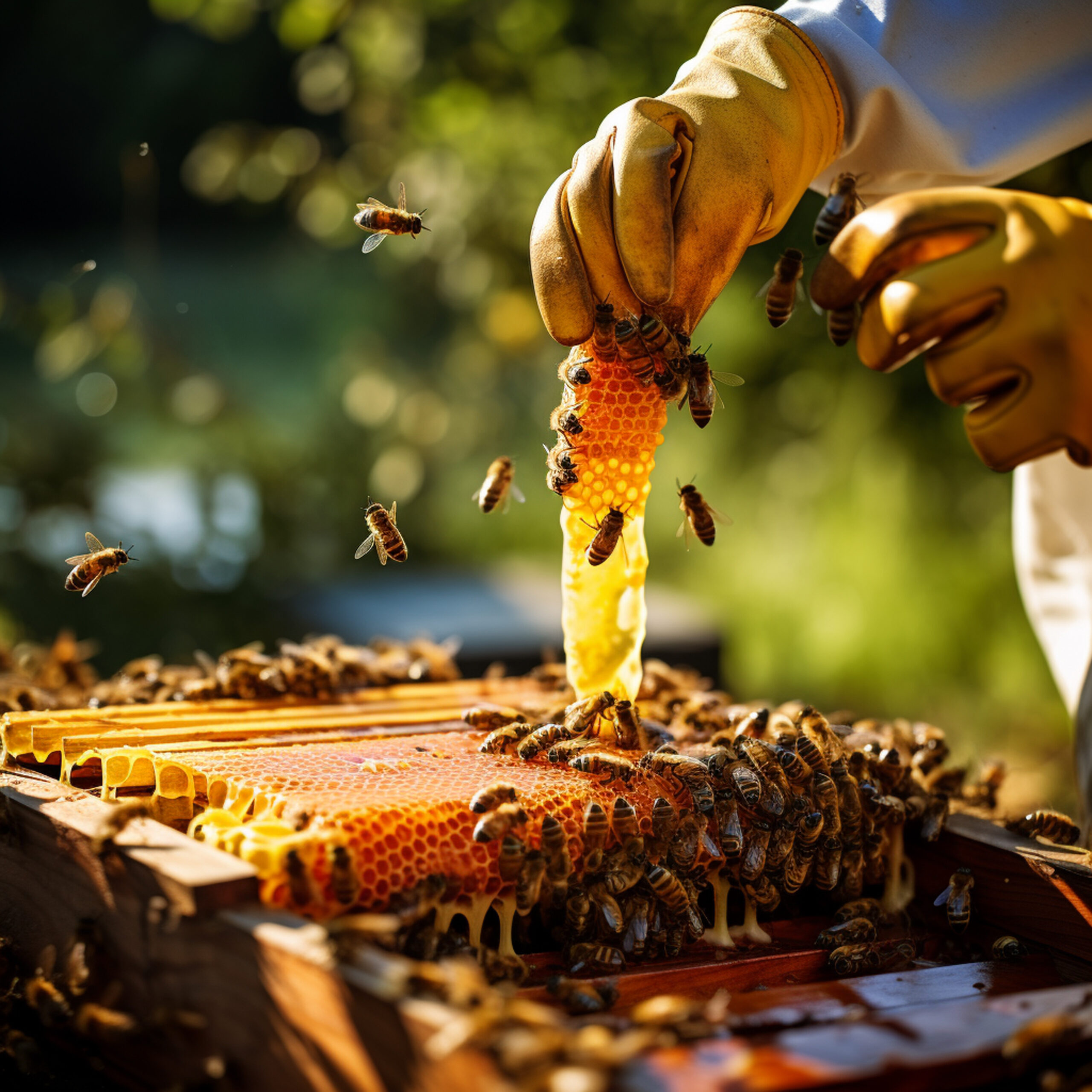 wild forest honey harvesting from natural honeycomb by beekeeper