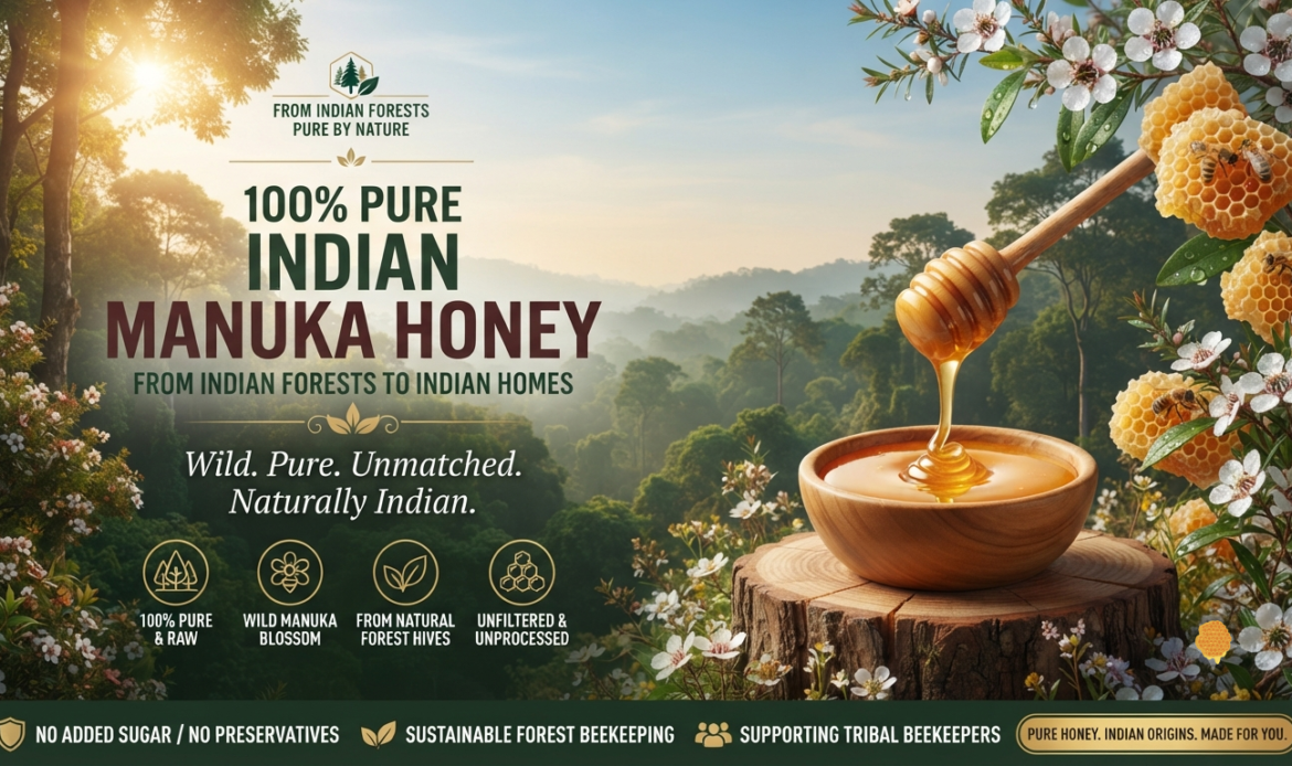 100% pure wild Indian Manuka honey dripping from wooden dipper into bowl, surrounded by natural honeycomb and Manuka blossoms in Indian forest setting