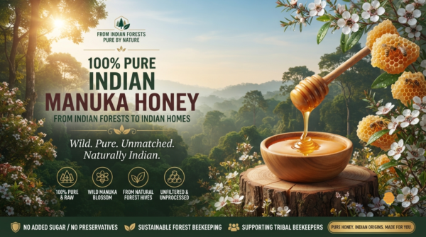100% pure wild Indian Manuka honey dripping from wooden dipper into bowl, surrounded by natural honeycomb and Manuka blossoms in Indian forest setting