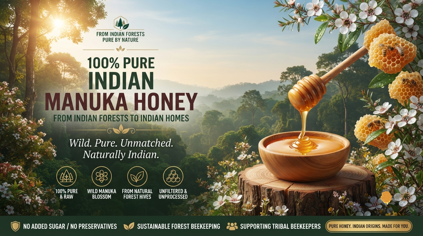 100% pure wild Indian Manuka honey dripping from wooden dipper into bowl, surrounded by natural honeycomb and Manuka blossoms in Indian forest setting