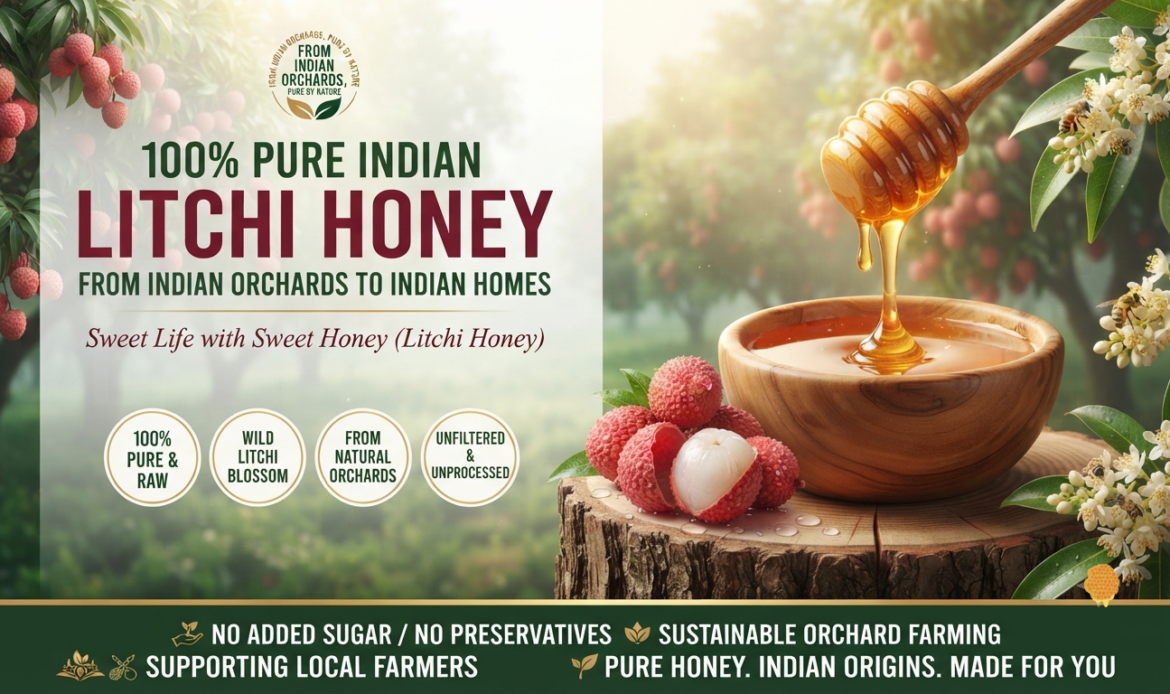 100% pure Indian litchi honey dripping from a wooden dipper into a bowl, sourced from natural orchards