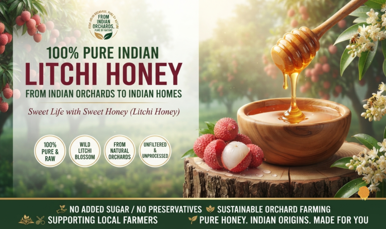 100% pure Indian litchi honey dripping from a wooden dipper into a bowl, sourced from natural orchards