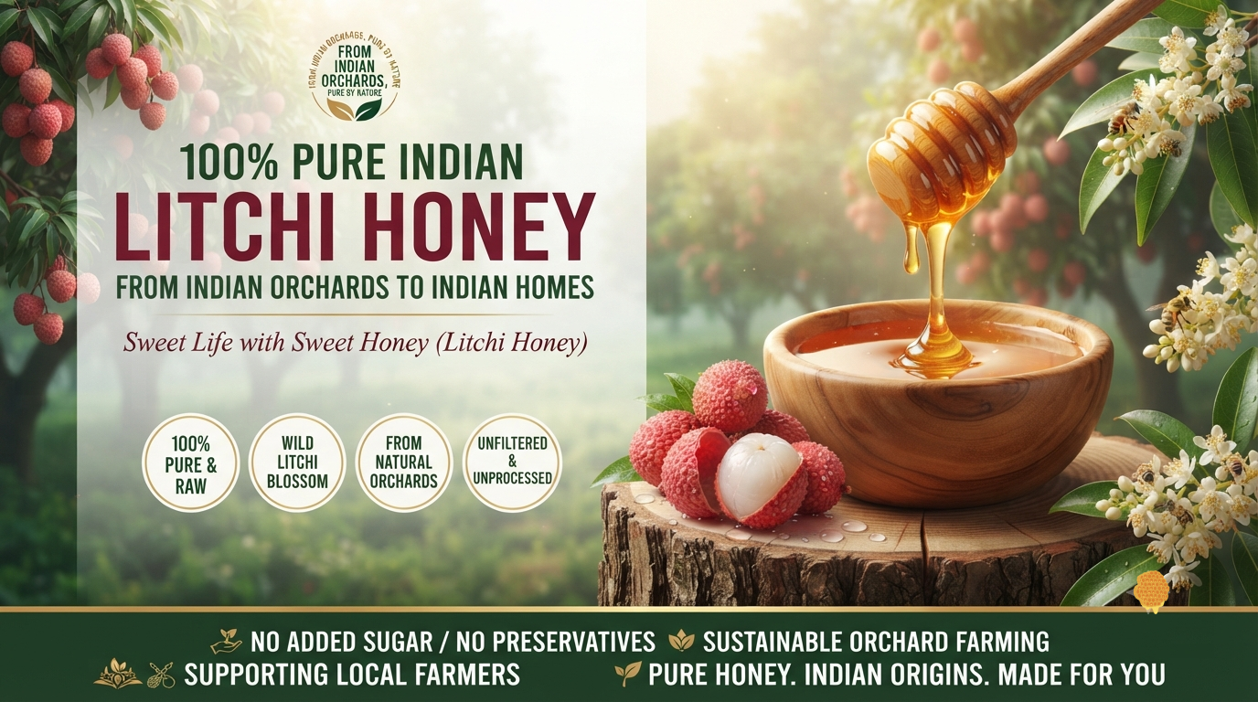 100% pure Indian litchi honey dripping from a wooden dipper into a bowl, sourced from natural orchards