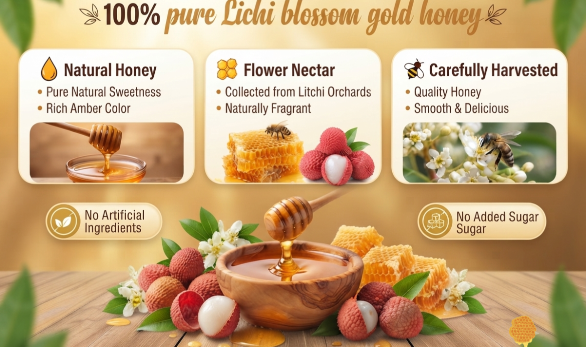 Infographic of litchi blossom gold honey benefits: natural honey, litchi flower nectar, and carefully harvested wild honey