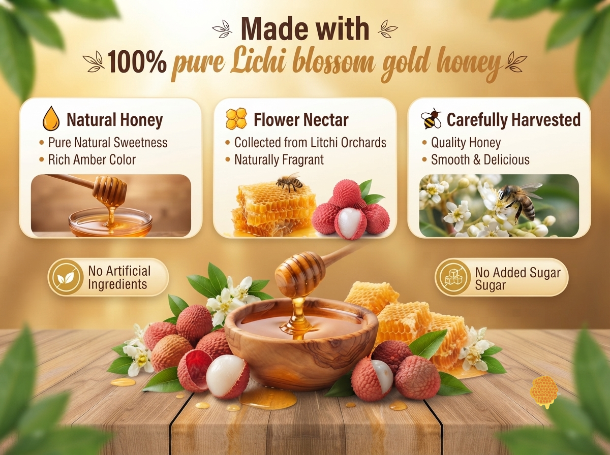 Infographic of litchi blossom gold honey benefits: natural honey, litchi flower nectar, and carefully harvested wild honey