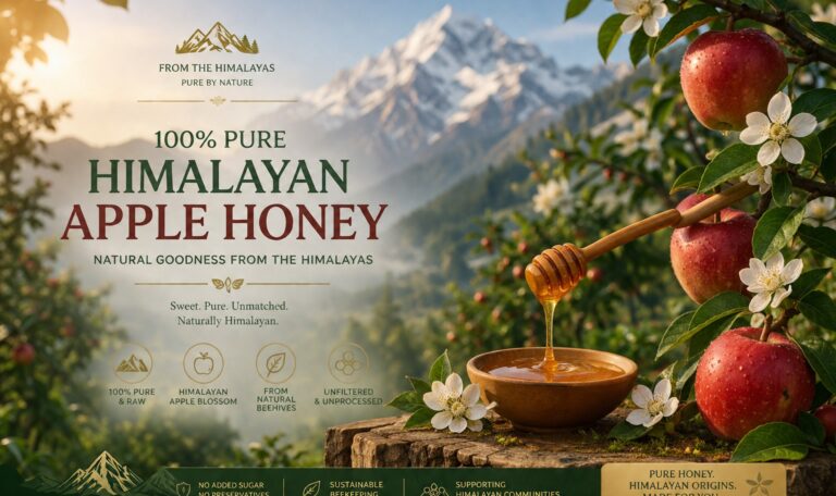 100% pure Himalayan apple honey in a wooden bowl with dripper, surrounded by fresh apples, blossoms, and snow-capped Himalayan mountains in the background