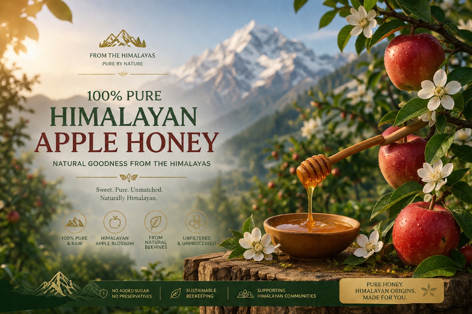 100% pure Himalayan apple honey in a wooden bowl with dripper, surrounded by fresh apples, blossoms, and snow-capped Himalayan mountains in the background