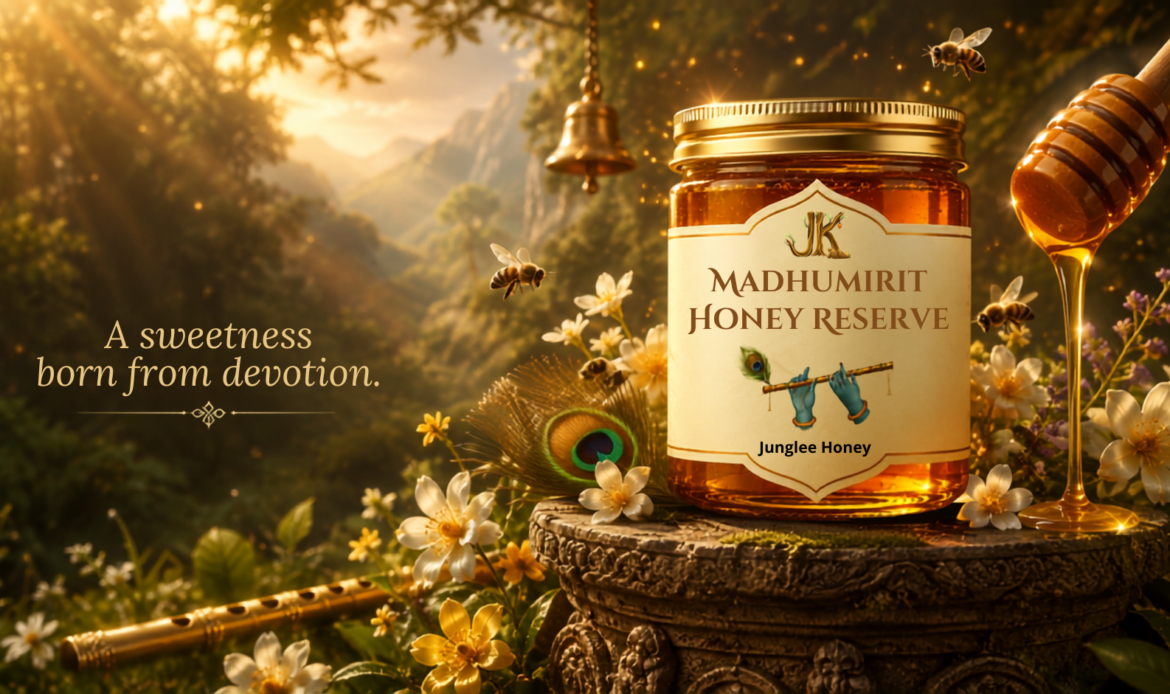 Madhumirit pure forest honey jar by JK Junglee Honey on a wooden table.