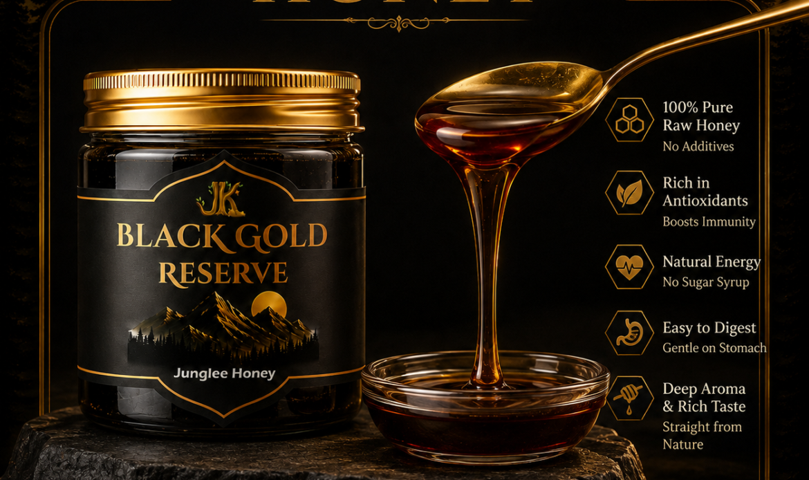 Infographic of Black Gold Reserve honey benefits: 100% pure raw honey, rich in antioxidants, natural energy, easy to digest, deep aroma, sourced from pristine forests, no preservatives, sustainably harvested