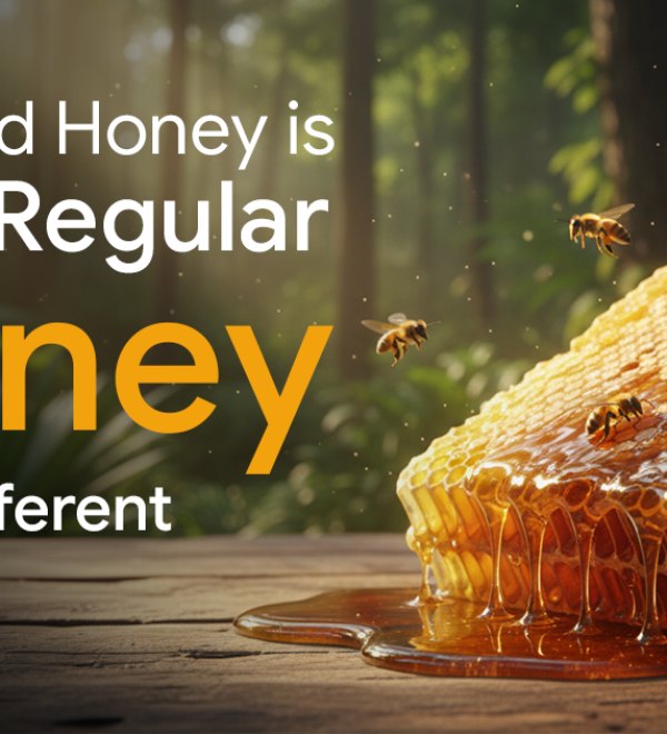 Wild honeycomb with bees and raw honey in a forest environment