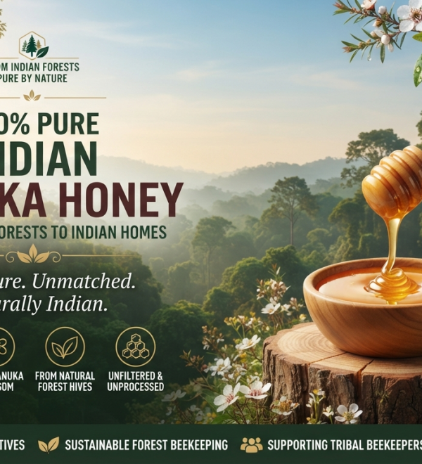 100% pure wild Indian Manuka honey dripping from wooden dipper into bowl, surrounded by natural honeycomb and Manuka blossoms in Indian forest setting