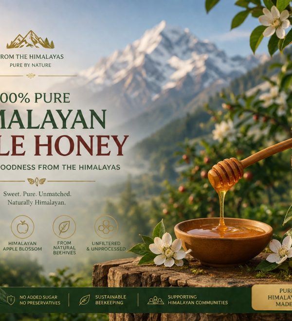 100% pure Himalayan apple honey in a wooden bowl with dripper, surrounded by fresh apples, blossoms, and snow-capped Himalayan mountains in the background